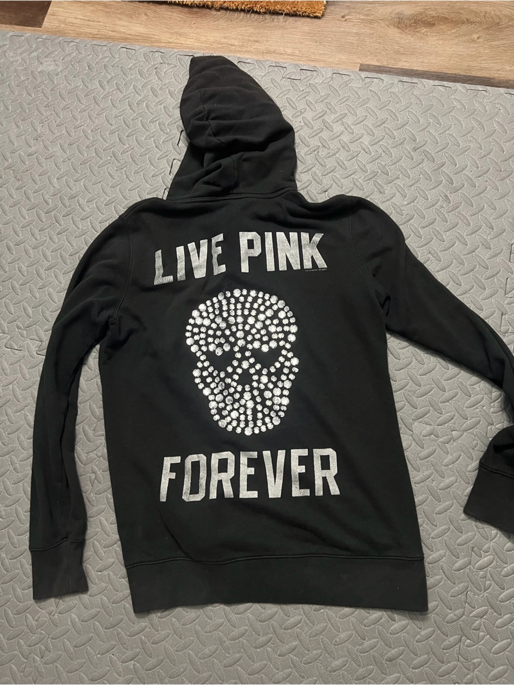Victoria’s Secret rhinestone skull live pink forever, black boyfriend hoodie s